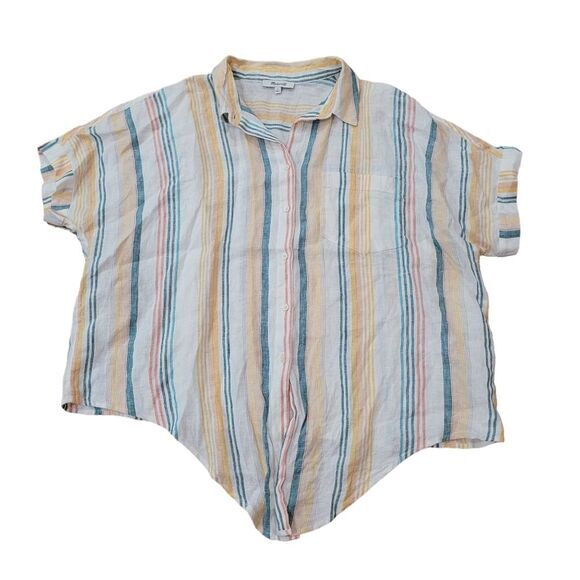 Madewell Pineapple Stripe Linen Short Sleeve Button Up Tie‎ Front Top Size L - Picture 2 of 6